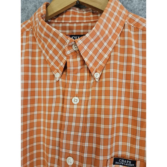 Chaps Ralph Lauren Button Up Shirt Men's L Orange White Check Short Sleeve‎ - Picture 1 of 9
